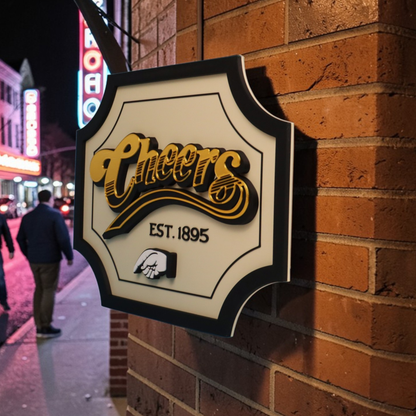 3D Cheers Sign for Home Bar or Mancave, Double-Sided Hanging Plaque