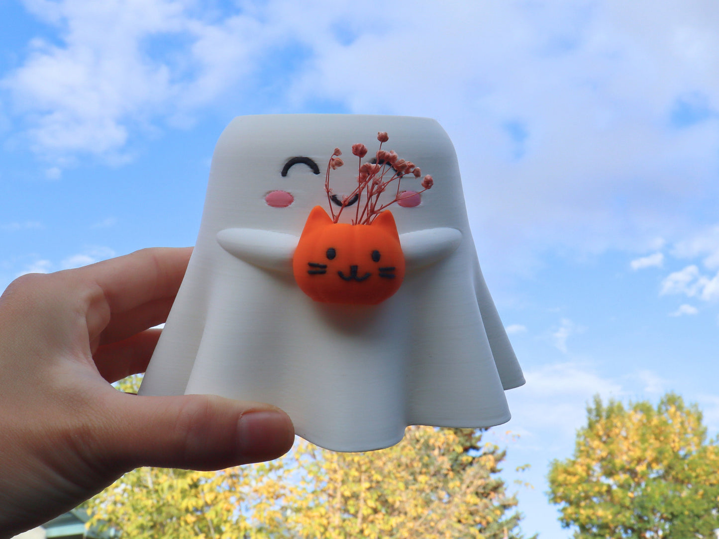 Happy Ghost Holding Pumpcat Planter