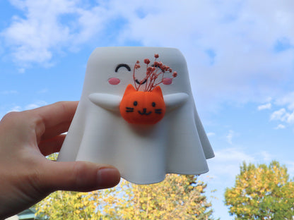 Happy Ghost Holding Pumpcat Planter