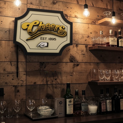 3D Cheers Sign for Home Bar or Mancave, Double-Sided Hanging Plaque