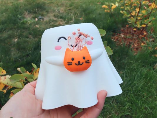 Happy Ghost Holding Pumpcat Planter