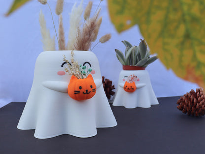 Happy Ghost Holding Pumpcat Planter