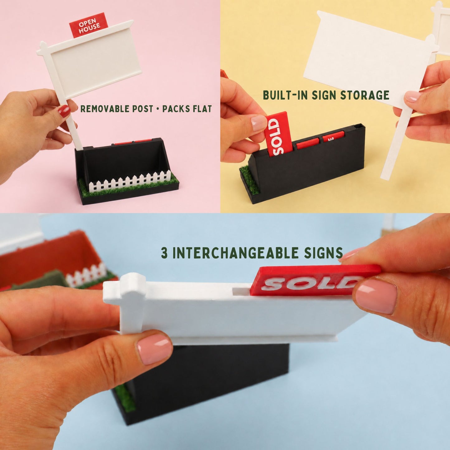 Realtor Business Card Holder with Interchangeable Signs and Grass Base