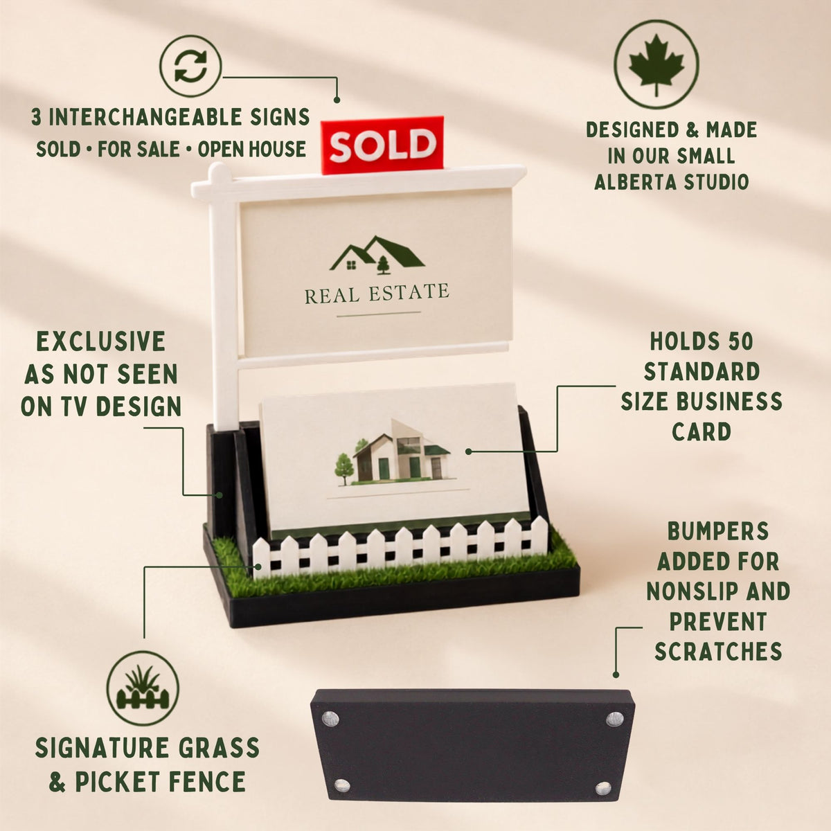 Realtor Business Card Holder with Interchangeable Signs and Grass Base