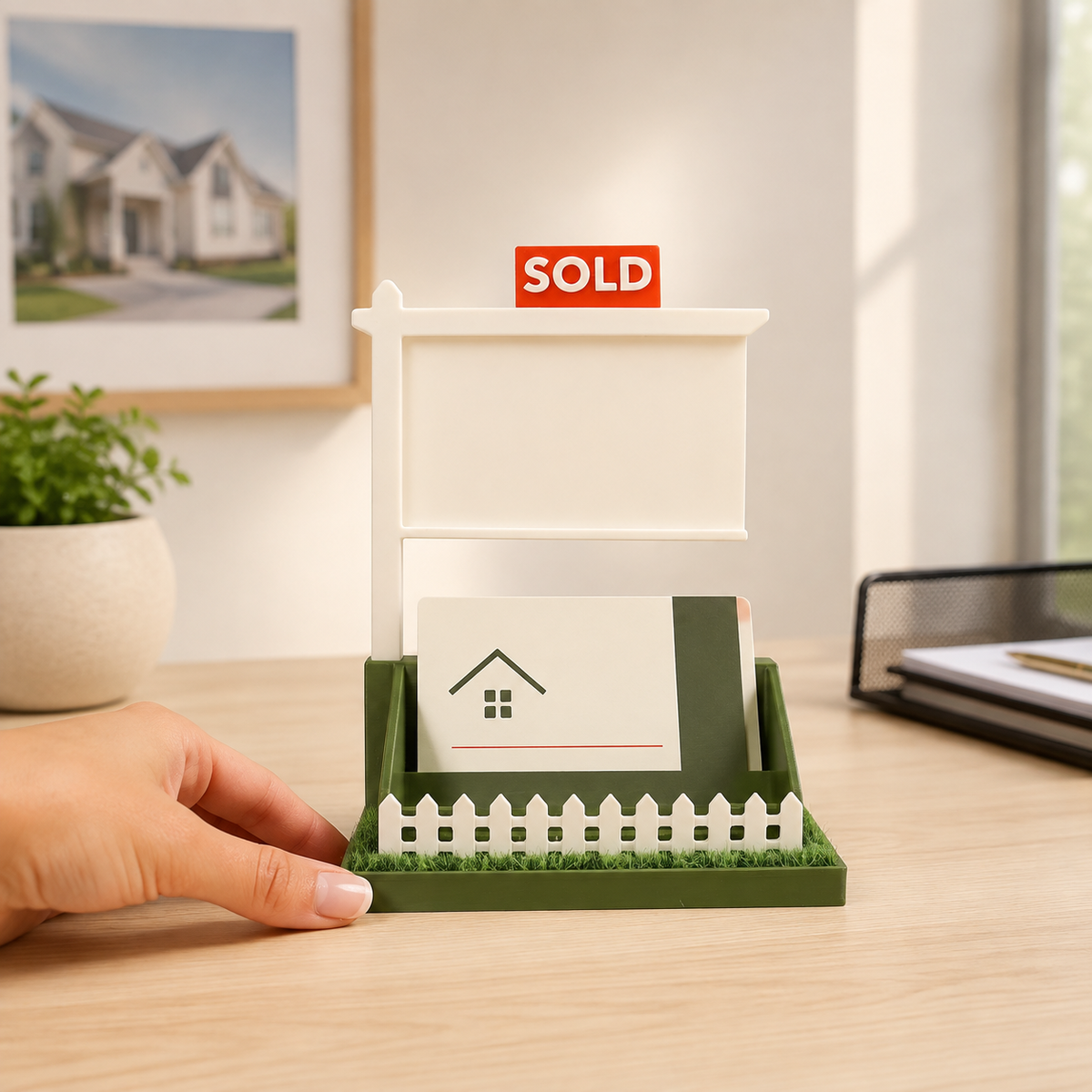 Realtor Business Card Holder with Interchangeable Signs and Grass Base
