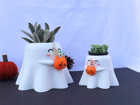 Happy Ghost Holding Pumpcat Planter