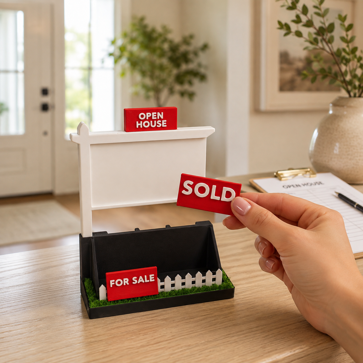 Realtor Business Card Holder with Interchangeable Signs and Grass Base